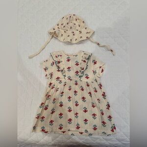 Petit Bateau Baby Girl Cream Dress with Red Floral Pattern and Hat 24m